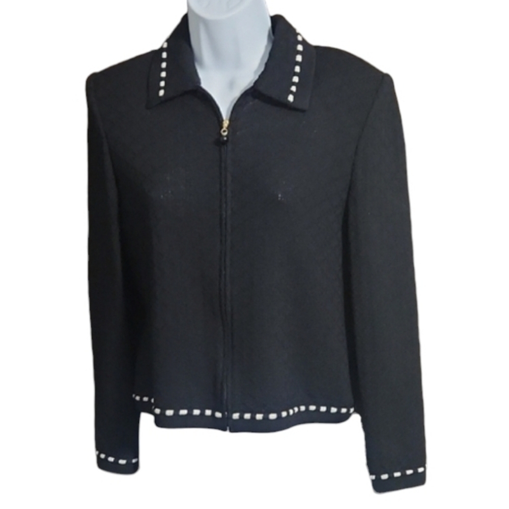 St John Vintage Black Women's Zip Front Dinner Jacket with White Accents